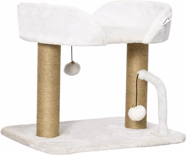 Torre per gatti PawHut in legno con tiragraffi e giocattoli integrati, Giallo e Bianco, L: 38 cm, P: 38 cm, H: 42 cm – 1