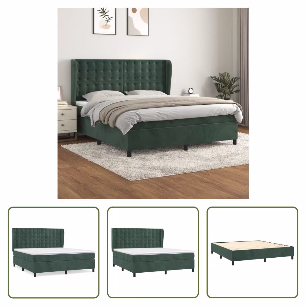 The Living Store Letto a molle con materasso verde scuro 160x200 cm in velluto