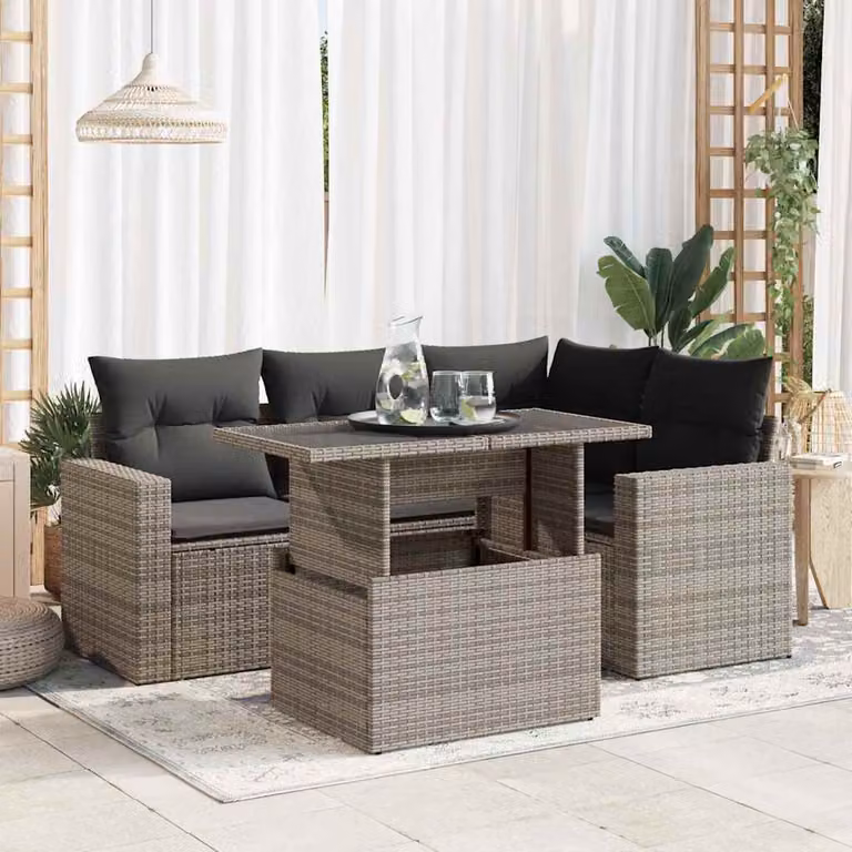 Set Divano da Giardino vidaXL 5 pz in Polyrattan Grigio con Cuscini e Tavolino da Esterno a Forma di L