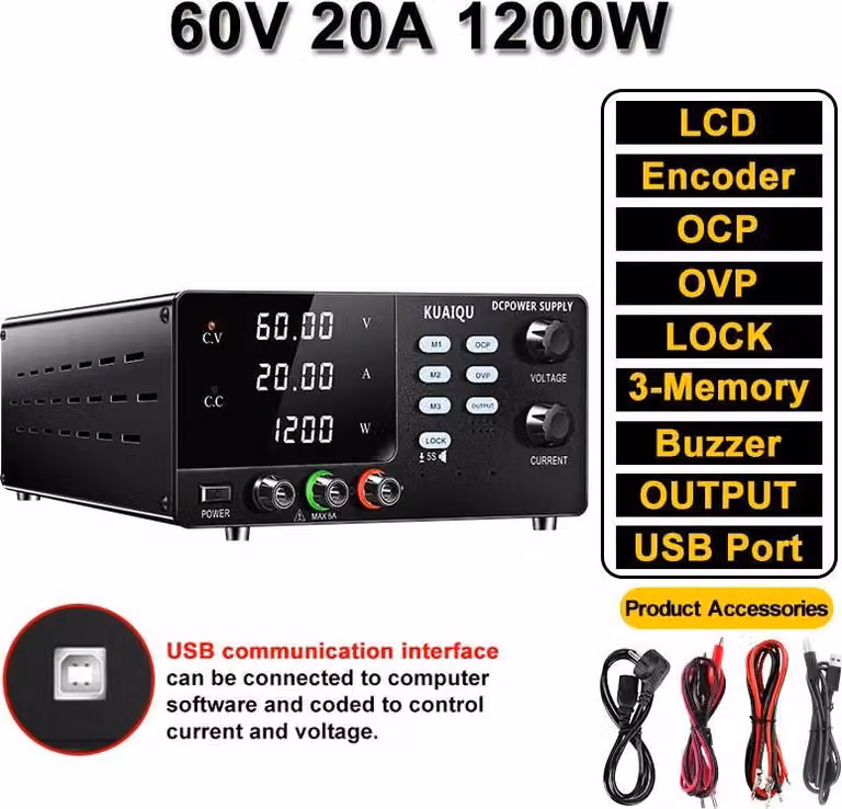 Alimentatore da banco a corrente continua (DC), alimentatore switching, 0-60V, 0-20A, 1200W. Tensione e corrente regolabili. Protezione OCP e OVP. Interfaccia USB