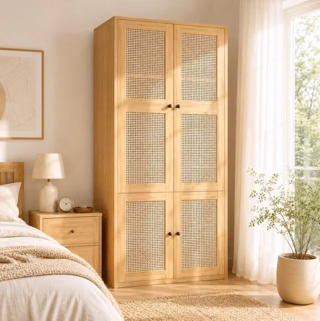 Armadio guardaroba 90x47x200 cm in MDF effetto rovere con ante in rattan; 3 cassetti e appendiabiti