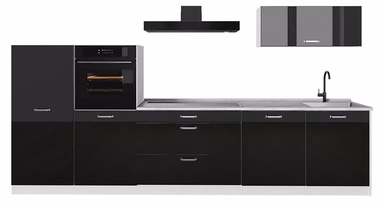 Cucina componibile Vicco R-Line Nero lucido/Bianco 340 cm senza piano di lavoro, Model 66548