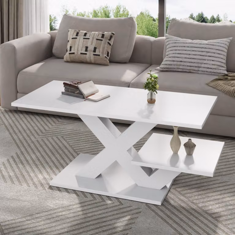 Tavolino da salotto Merax in MDF, con finitura lucida, design con struttura a X, dotato di doppio piano e piedini in feltro resistenti all'abrasione, colore bianco