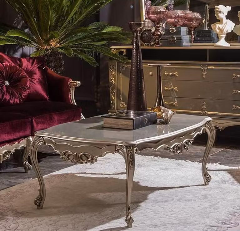 Casa Padrino tavolino barocco argento 122 x 71 x h. 48 cm - Tavolo da salotto in legno massello - Nobile arredamento barocco