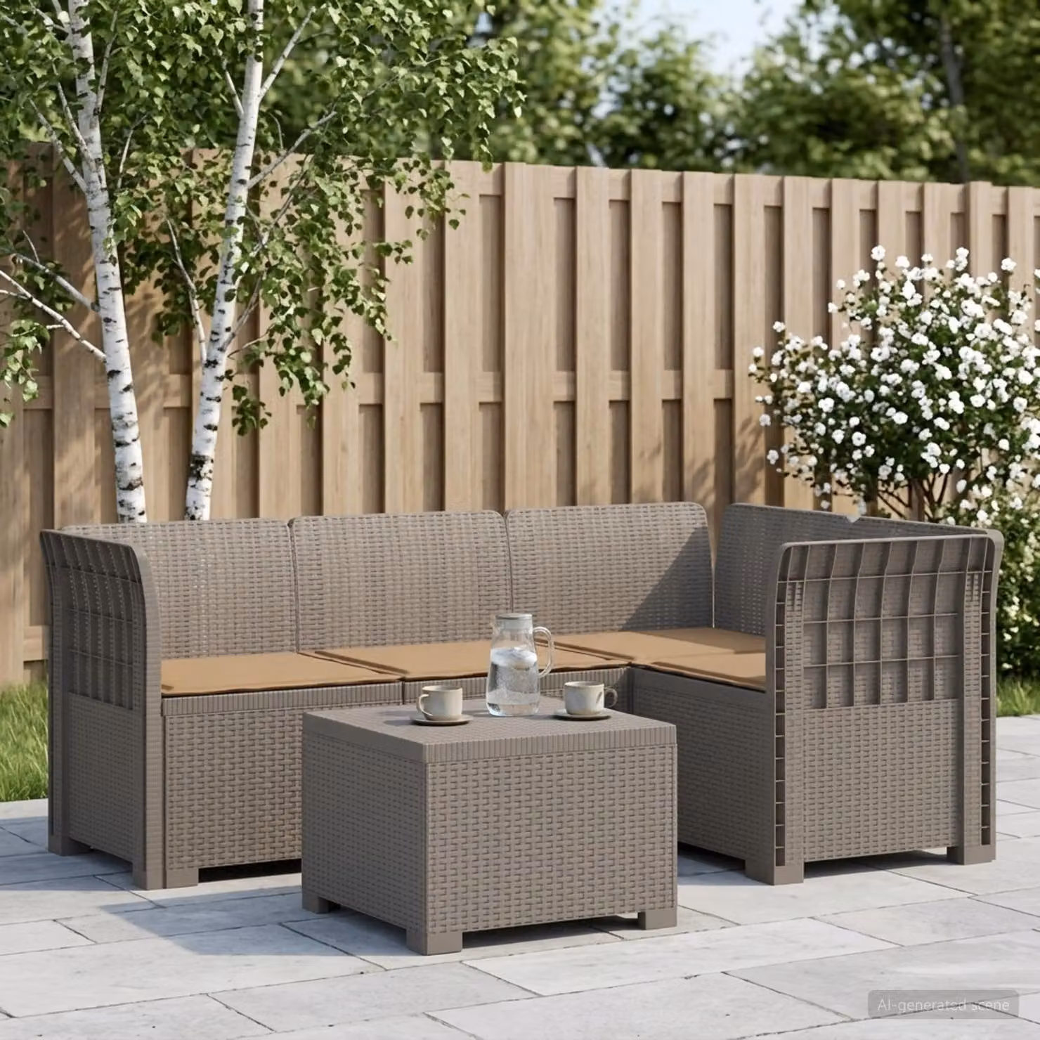 Set da giardino vidaXL moderno a forma di L con divano da esterno, elemento angolare, tavolino da caffè e cuscini imbottiti, resistente alle intemperie e ai raggi UV, disponibile in grigio, beige o marrone