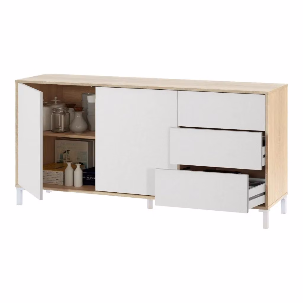Madia moderna DMORA Ardelia con 2 ante e 3 cassetti, Buffet per soggiorno e mobile porta TV, L/P/H: 154 x 41 x 75 cm, Rovere e Bianco – 2