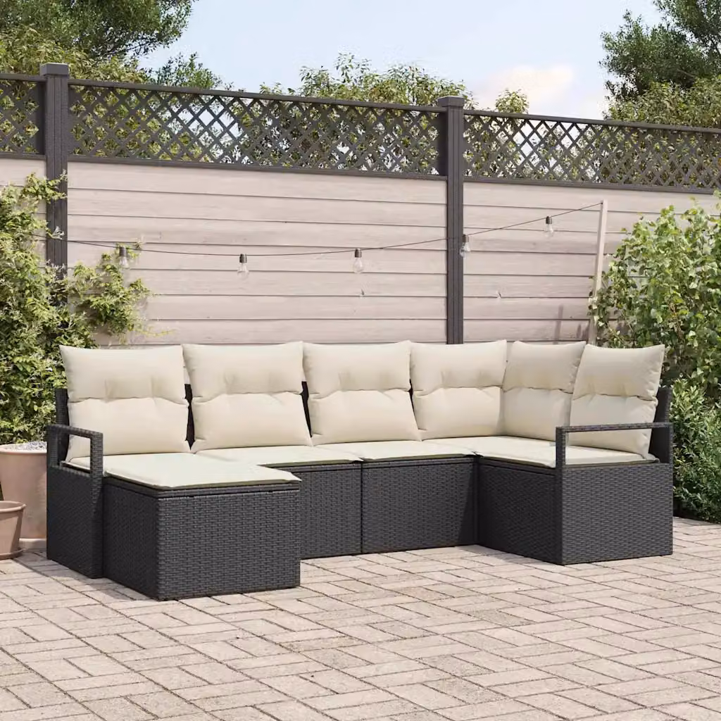 Set di divani da giardino vidaXL composto da 6 pezzi con cuscini beige e struttura in metallo nero e rattan resistente ai raggi UV – 1