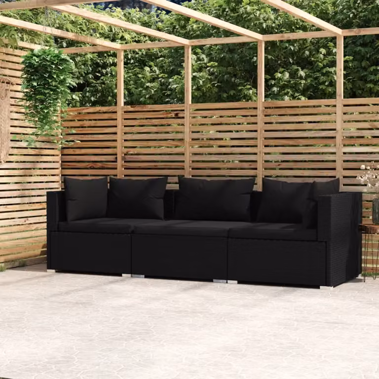 Maison Exclusive - Divano a tre posti con cuscini in rattan sintetico nero