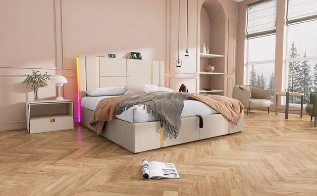 Letto matrimoniale contenitore imbottito 180x200 cm con LED RGB e ricarica USB/Type-C, lino beige, senza materasso