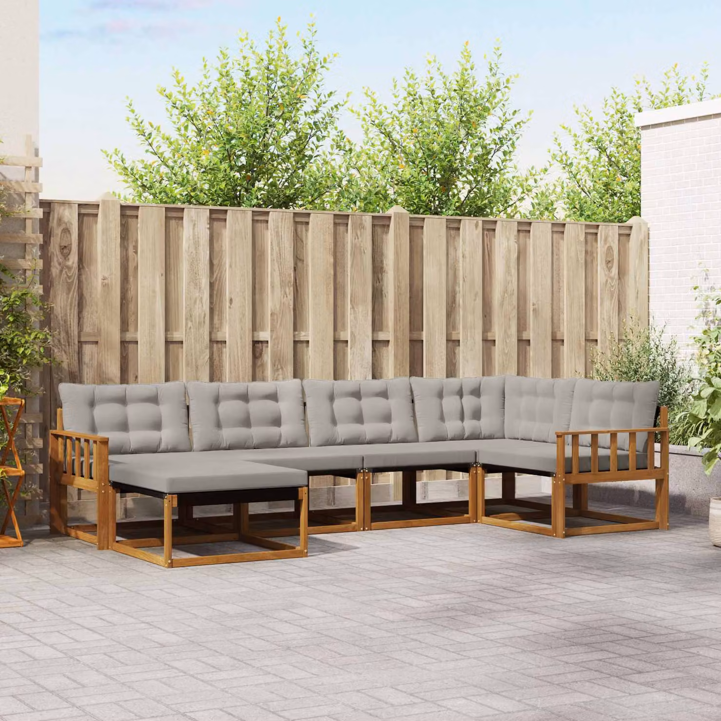 Set di divani da esterno vidaXL a forma di L composto da 6 pezzi in legno di acacia e tessuto grigio con cuscini inclusi