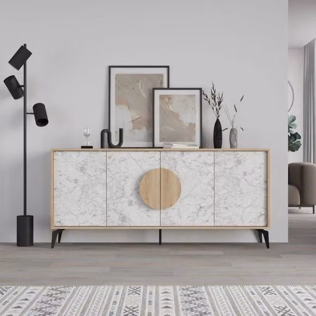 Madia 4 ante Gora180 colore bianco effetto marmo carrara e rovere 180x35,6x82