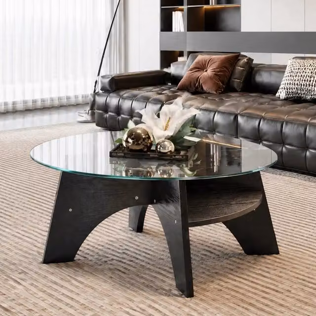 Tavolino rotondo moderno Ø 80 cm in vetro di sicurezza, design multifunzionale con struttura a ventaglio e gambe in MDF effetto legno nero