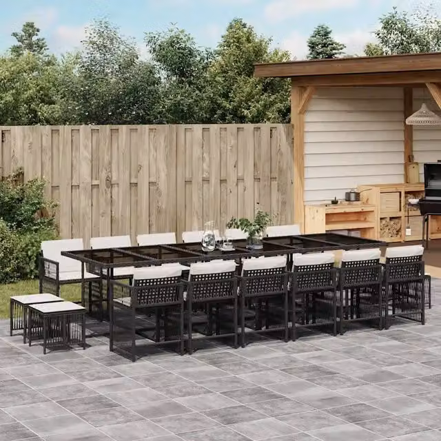 Set da pranzo da giardino vidaXL in polyrattan nero con cuscini e piano in vetro, 17 pezzi – 1