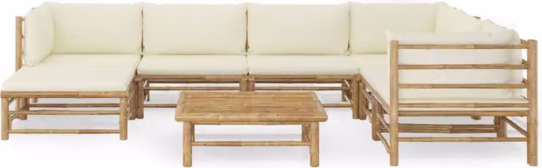 Set Salotto da Giardino 8pz con Cuscini Bianco Crema in Bambù