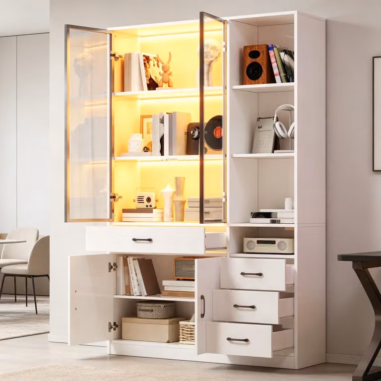 Armadio alto Stilvora con vetrina in vetro e illuminazione a LED, libreria con 13 vani contenitori, vetrine con 4 cassetti e ante, mobili contenitori, armadi di colore bianco