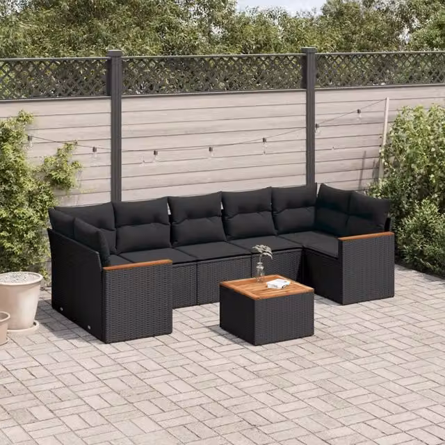 Set da giardino moderno vidaXL composto da 8 pezzi in rattan nero con cuscini e tavolino da caffè – 1