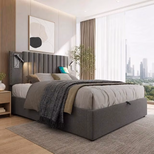 Letto imbottito 140x200 cm con contenitore, luci da lettura e USB in cotone grigio