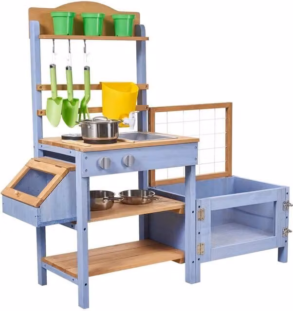 Cucina giocattolo in legno per bambini con piano cottura, lavandino, fioriera e accessori, colore marrone, L: 94,5 cm, P: 34,7 cm, H: 104,8 cm