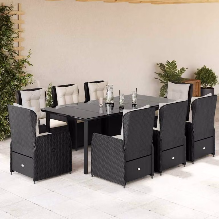 Set da Pranzo da Giardino vidaXL in Polyrattan Nero con Cuscini e Tavolo in Vetro, 9 Pezzi