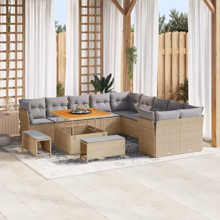 Set Divano da Giardino vidaXL 13 pz Beige con Cuscini e Tavolino in Polyrattan e Metallo