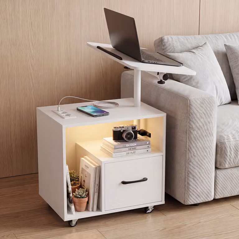 Comodino da camera da letto Costway Bianco con luci LED regolabili, cassetto e stazione di ricarica, piano girevole e ribaltabile