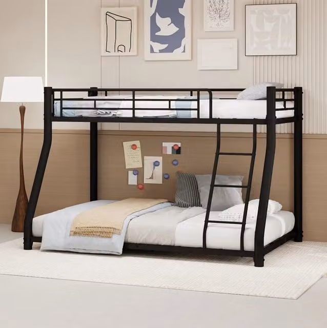 Letto a castello in metallo nero 90x190/140x190 cm con scala e sponde