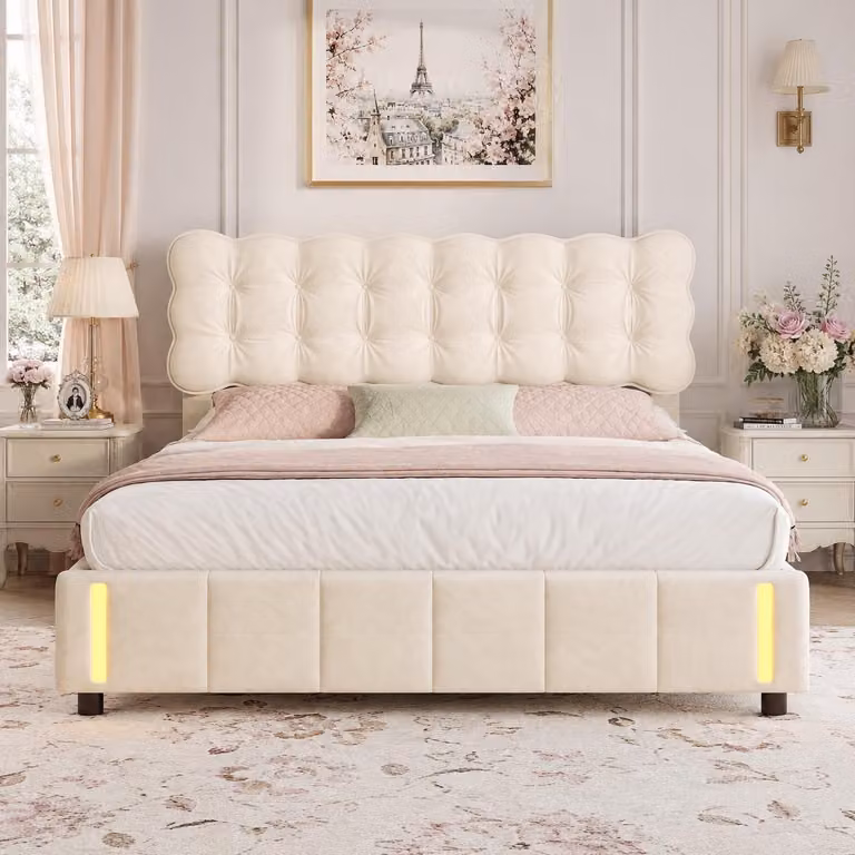 Letto matrimoniale con boxspring INONEFT, dimensioni 140x200 cm, con illuminazione LED a induzione, letto imbottito con sistema idraulico e contenitore, letto per giovani con rete a doghe e contenitore, rivestito in velluto color beige