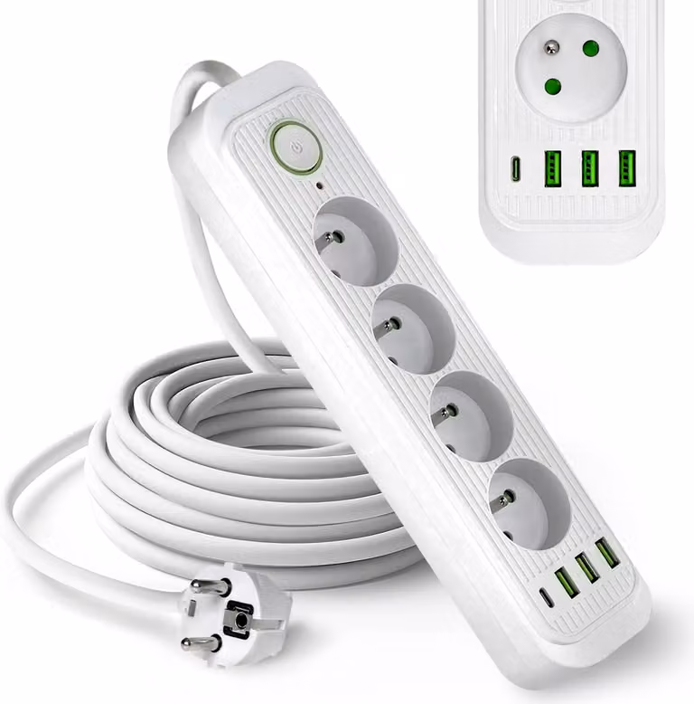 Ciabatta multipresa KOBI CONNECTO bianca, con 4 prese, cavo da 1,5 metri, prolunga con 4 porte USB con interruttore on/off e messa a terra