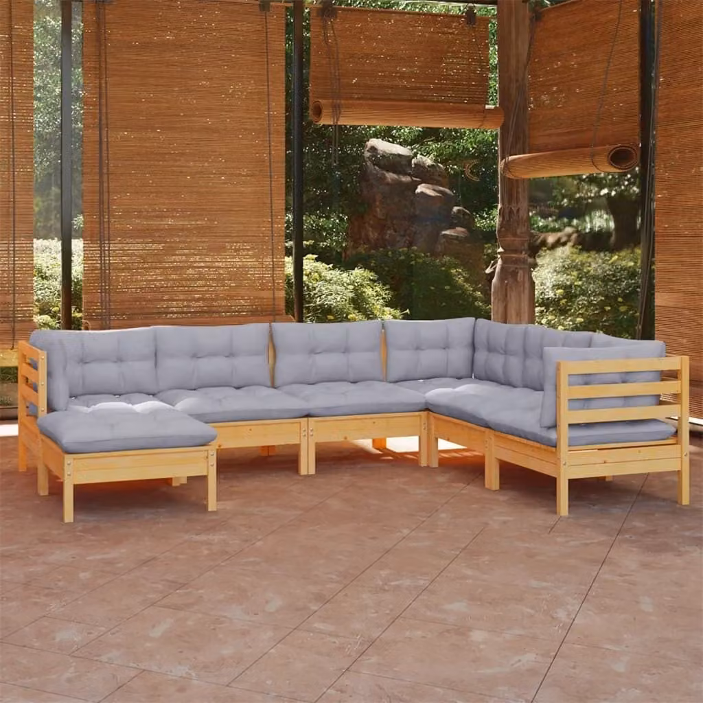 The Living Store Set da salotto da giardino 7 pezzi con cuscini grigi in legno di pino massiccio
