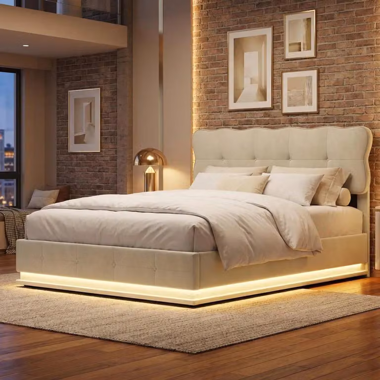 Letto contenitore con boxspring, 140x200 cm, imbottito, con spazio contenitore, letto per ragazzi/coppie con LED, letto idraulico con rete a doghe, rivestito in velluto, color beige