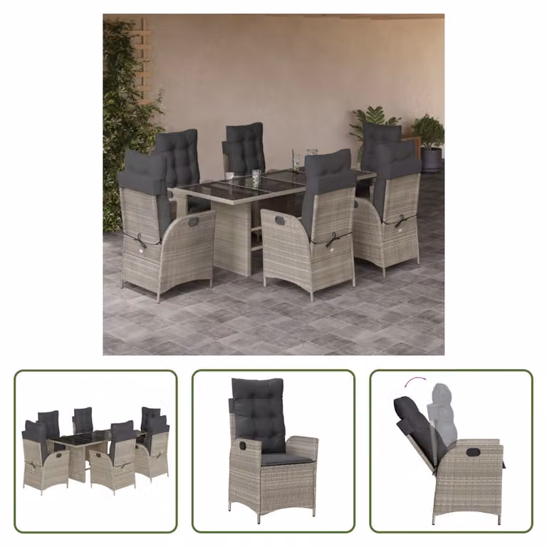 The Living Store Set da pranzo da giardino 7 pezzi con cuscini in poly rattan grigio chiaro