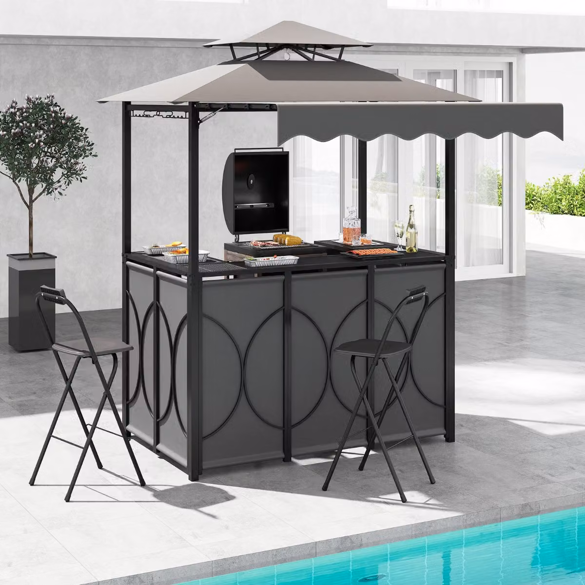 Set da giardino BBQ Costway composto da tavolo bar e 2 sgabelli pieghevoli con tettoia Grigio