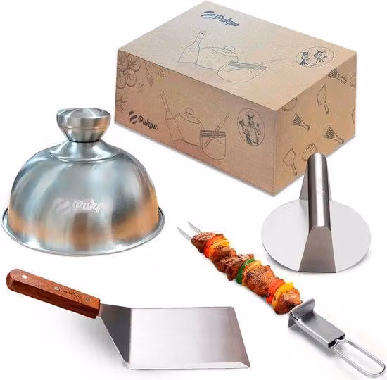 Set da barbecue in acciaio inossidabile - comprensivo di stampo per hamburger, spatola, stampo per grigliate e spiedini - Set da barbecue per grigliate - Stampo per hamburger - Set regalo per uomo (4 pezzi)