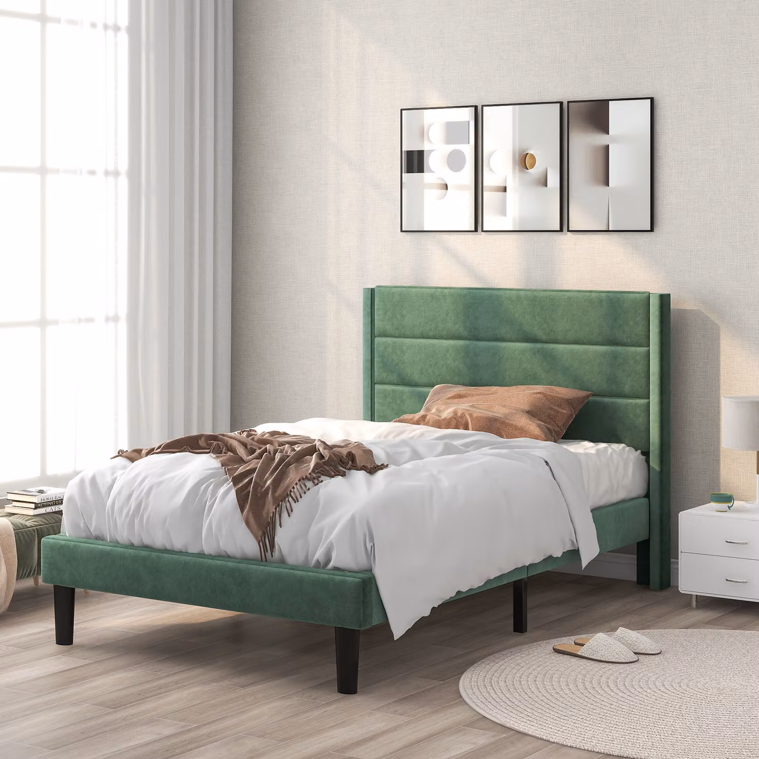 Letto imbottito Sweiko 90 x 200 cm con rete a doghe e testata in velluto verde scuro