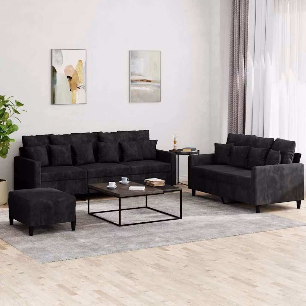 Set di divani vidaXL 3 pezzi in velluto nero con pouf e cuscini per soggiorno moderno – 1