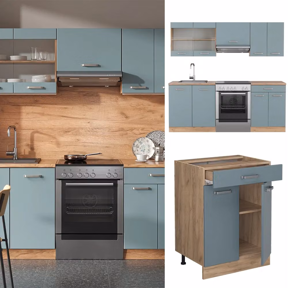 Cucina componibile moderna R-Line Vicco in legno e metallo, Grigio-blu e Rovere, L: 200 cm, P: 60 cm, H: 81,6 cm – 2