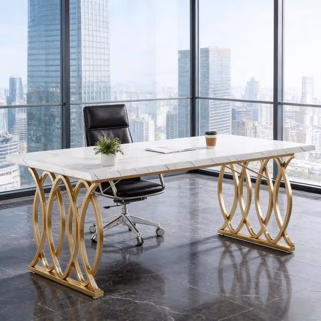 Scrivania dritta da ufficio con piano effetto marmo e piedini regolabili bianca e oro 160 × 80 cm