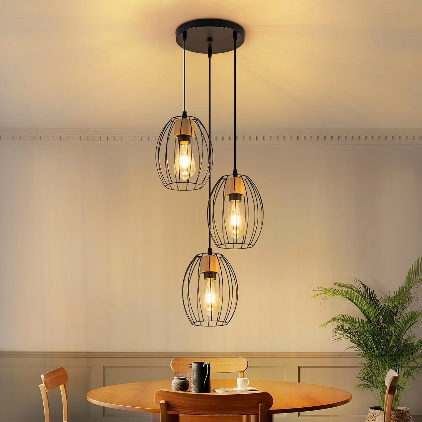ZMH Lampada a sospensione vintage a sospensione da tavolo - lampada da tavolo a 3 fiamme a sospensione nera in metallo e legno E27 Lampada a sospensione retrò per soggiorno camera da letto cucina (senza lampadina)