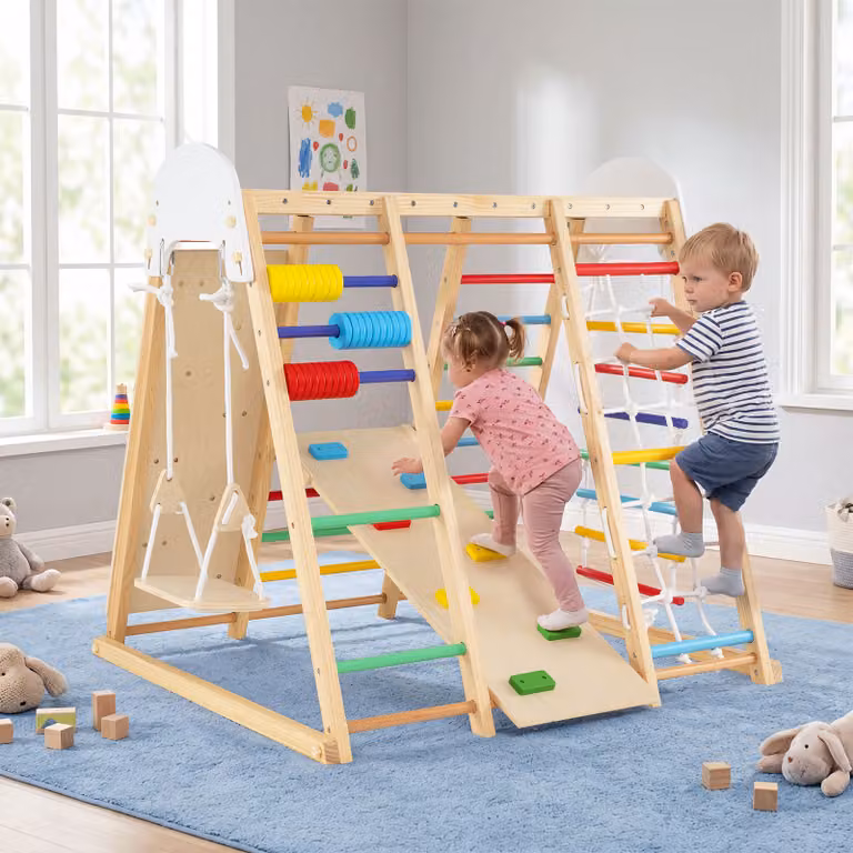 Costway Castello Parco Giochi 8 in 1 Pieghevole da Interno Multicolore con Altalena e Scala Montessori per Bambini