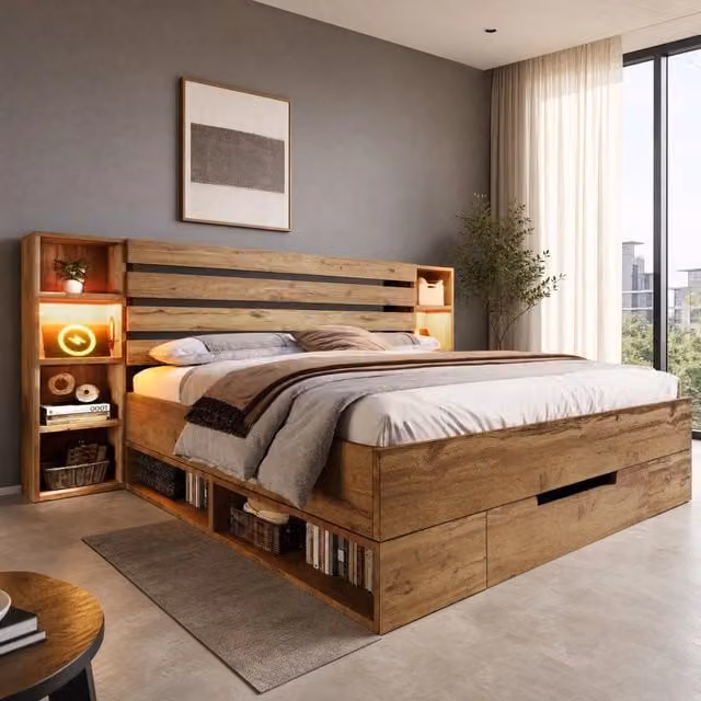 Letto Matrimoniale REDOM con LED, Porte USB e Cassetti in Rovere e Metallo, L/P: 160 x 200 cm