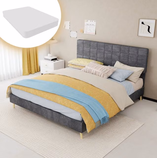 Letto 160x200 cm in tessuto grigio scuro con testiera imbottita e materasso –