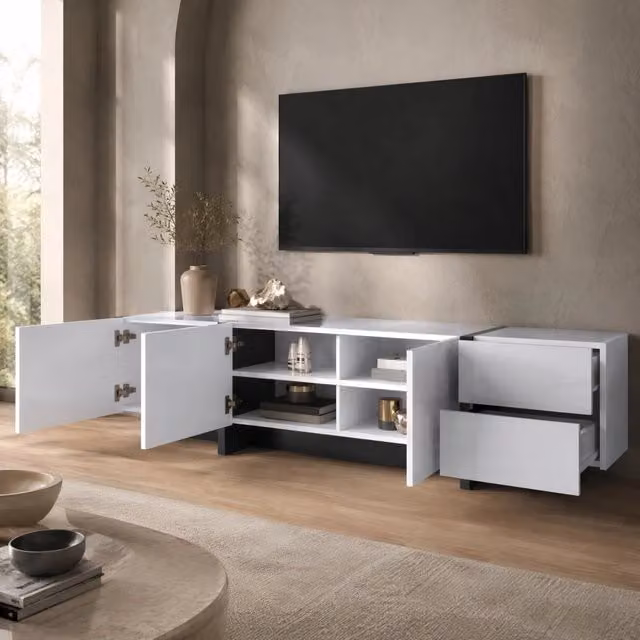 Mobile TV lucido bianco e nero 190x45x35 cm con 3 porte e 2 cassetti