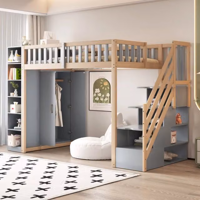 Letto a castello grigio e legno naturale con funzione contenitiva 90x200 cm