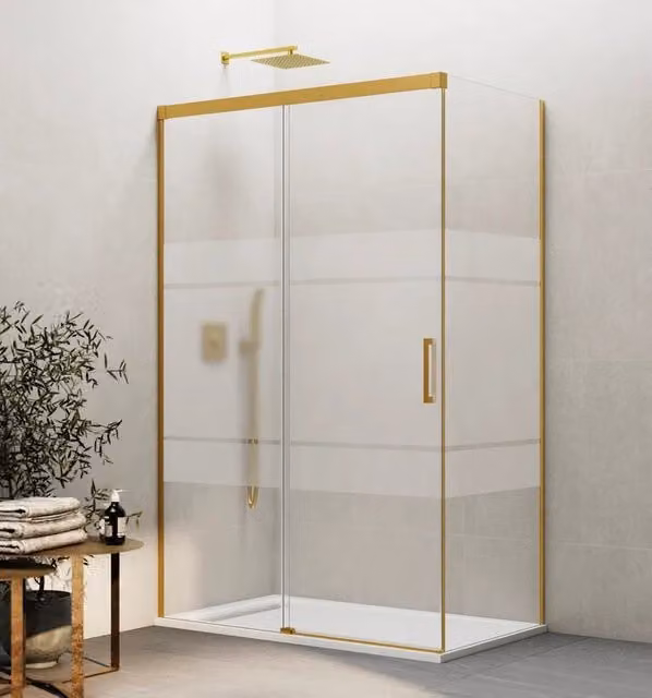Box doccia angolare BASI con elemento scorrevole e pannelli fissi, vetro Frost, colore oro lucido, L/P: 160 x 90 cm