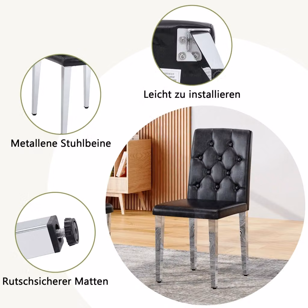 Set di 4 sedie da pranzo OKWISH in ecopelle nera con schienale trapuntato e gambe in metallo argentato lucido – 2