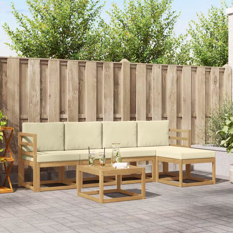 vidaXL Set di divani da esterno a L in legno di acacia con tavolino e pouf, Bianco e Beige