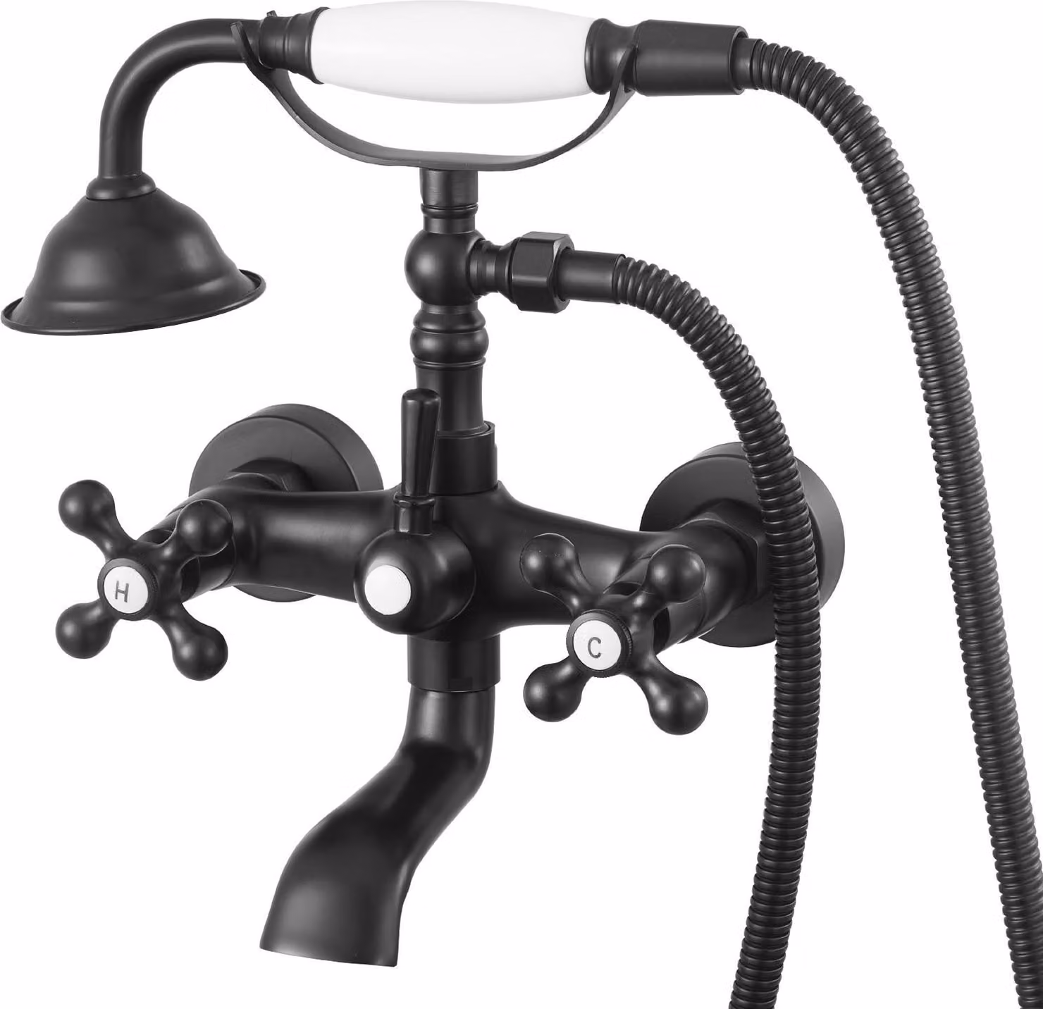 Rubinetteria per vasca da bagno - Rubinetteria con doccetta - Bocca girevole a 360° - Bracci girevoli regolabili - Stile vintage con piedini a zampa di leone - Montaggio a parete - Nero opaco