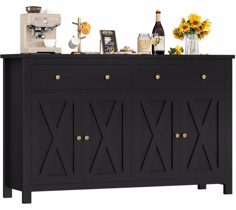 Mobile contenitore da 140 cm di larghezza, pensile da cucina con piano di lavoro, 2 cassetti e 4 ante, colore nero, dimensioni 140x89x40 cm