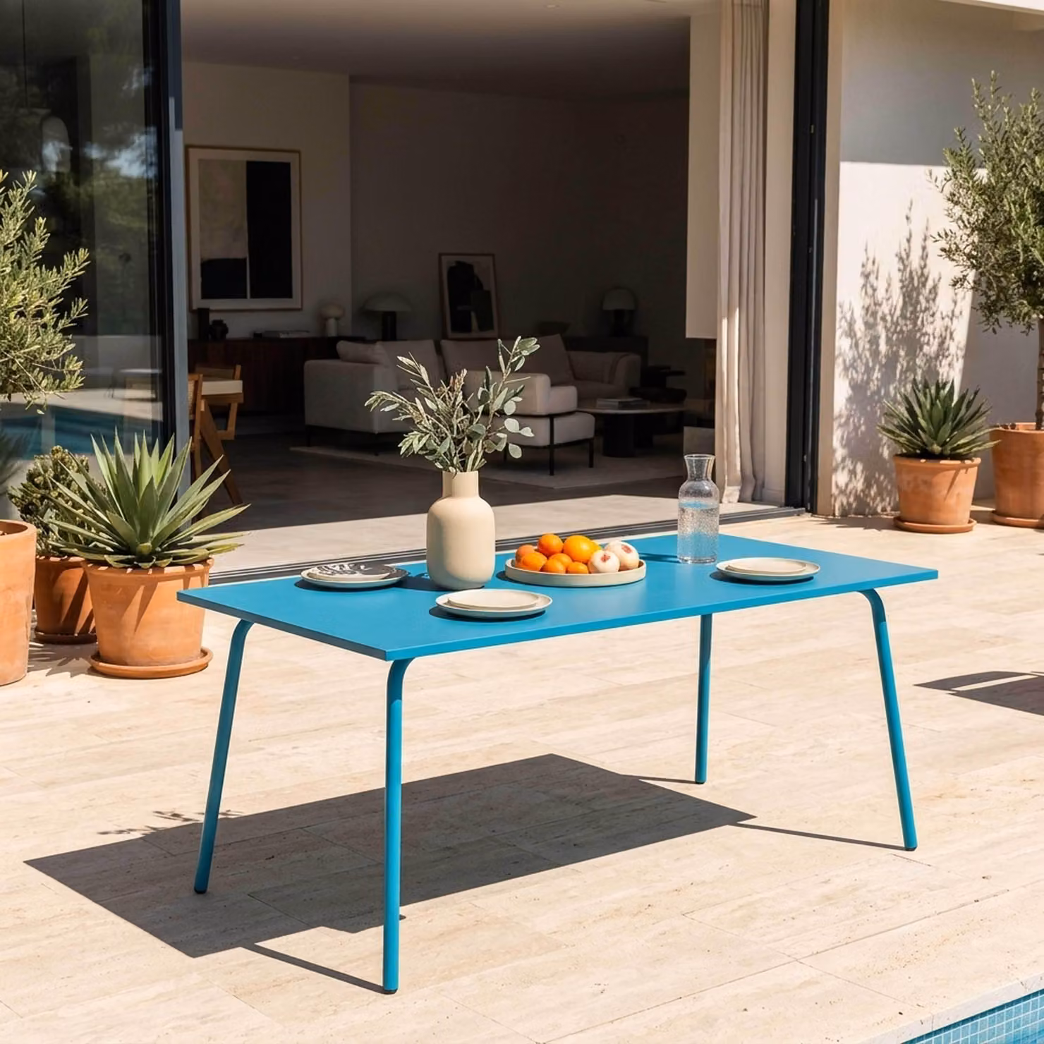 Tavolo da giardino rettangolare in metallo blu - Oviala Palavas