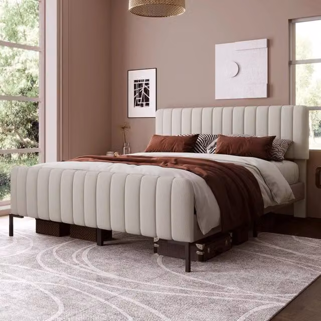 Letto imbottito 160x200 cm in lino grigio-beige con rete a doghe e testiera regolabile